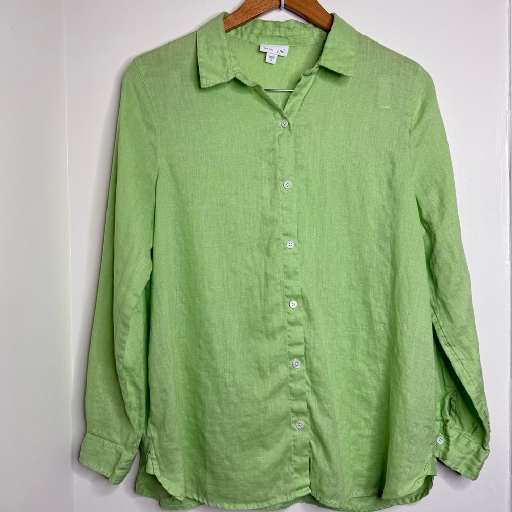 J. Jill Love Linen Button Down Casual Blouse Top Green Women’s Size Medium
